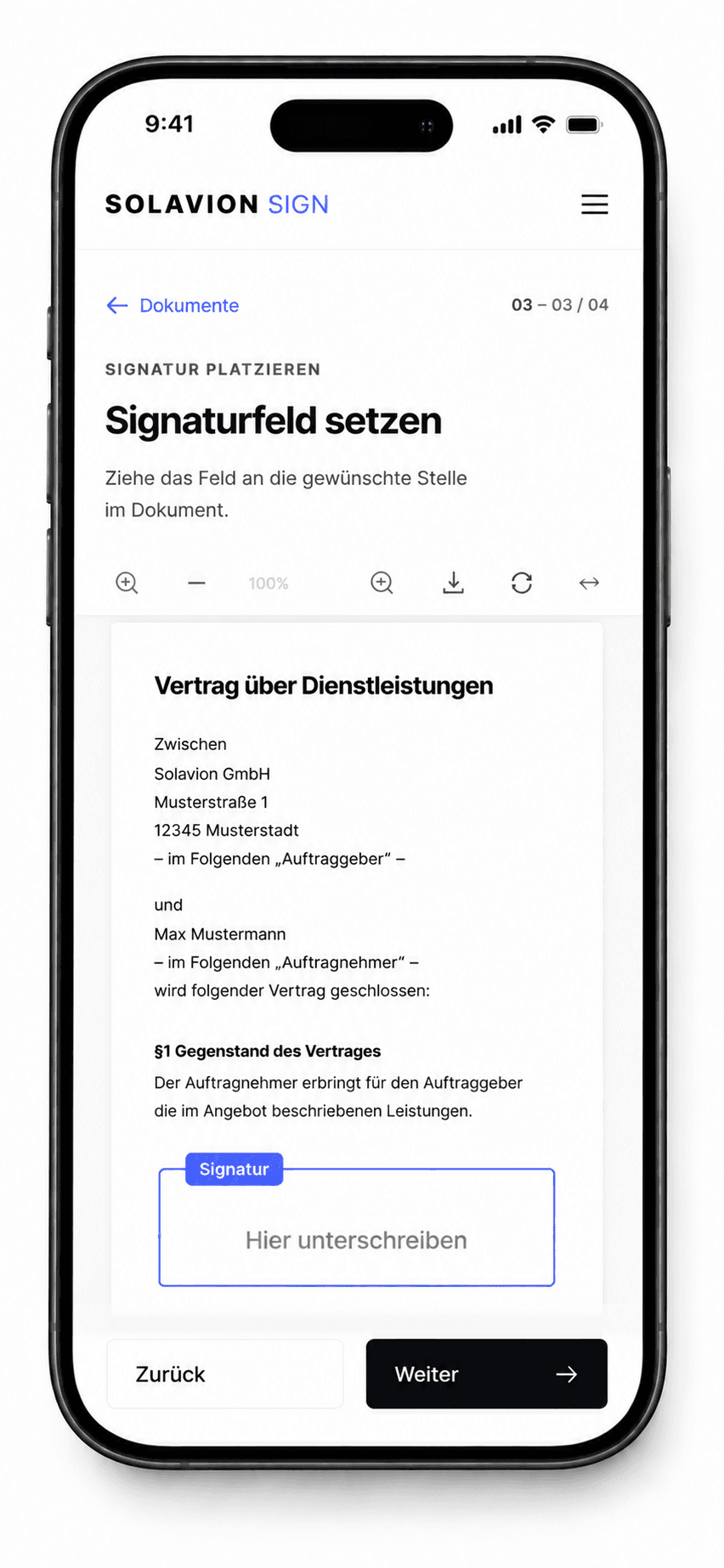 Signatur platzieren in Solavion Sign